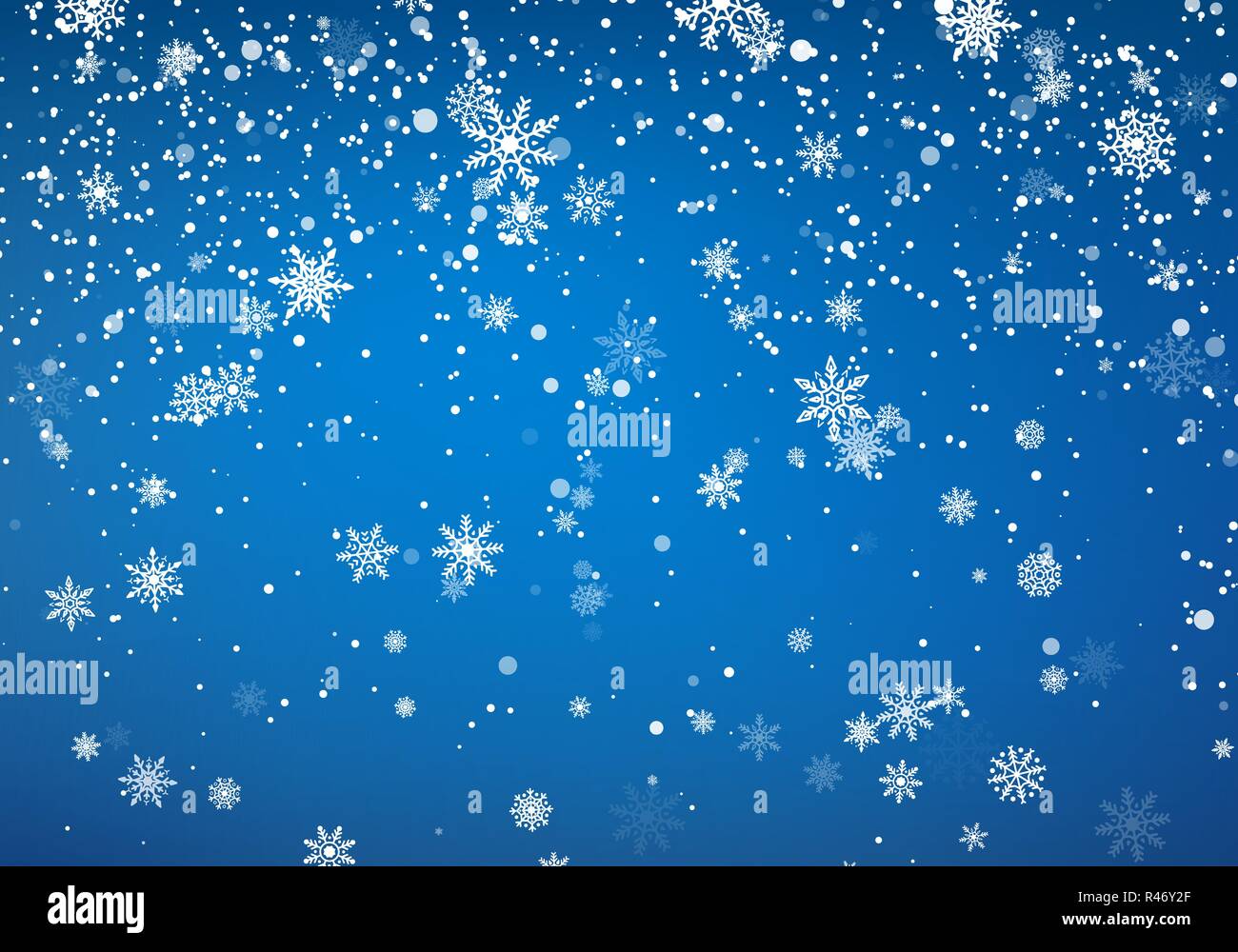 Schneefall Weihnachten Hintergrund. Flying Schneeflocken und Sterne auf Winter und blauer Himmel. Winter wite Schneeflocke Vorlage. Vector Illustration Stock Vektor