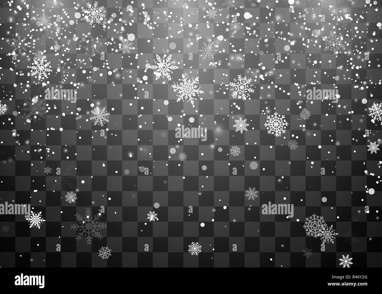 Weihnachten Schnee. Schneefall. Fallende Schneeflocken auf dunklen transparenten Hintergrund. Weihnachten Urlaub Hintergrund. Vector Illustration Stock Vektor