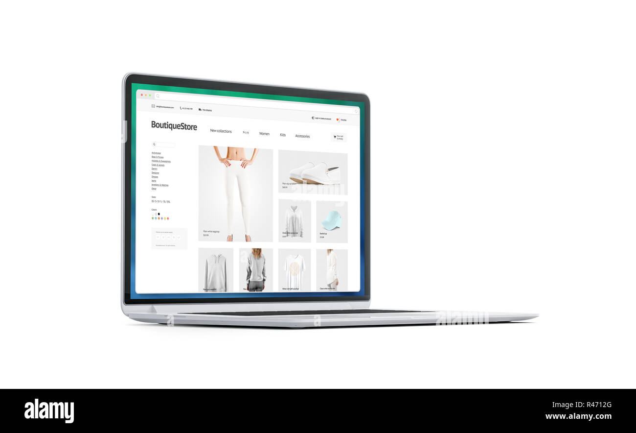 Leere weiße Laptop-bildschirm mit Fashion Store Mockup, isoliert, 3D-Rendering. Leere Monitor mit Browser Webseite mock up, Seitenansicht. Kleidung Boutique Schnittstelle im Display Vorlage. Stockfoto