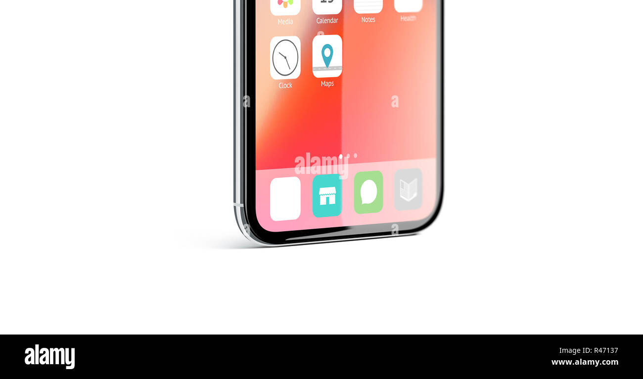 Leere weiße App auf Infiniboard Telefondisplay Mockup, 3D-Rendering. Leere infinidock mit Anwendung auf Anzeige mock up. Smartphone quadratische Schaltfläche Logo Design. Stockfoto