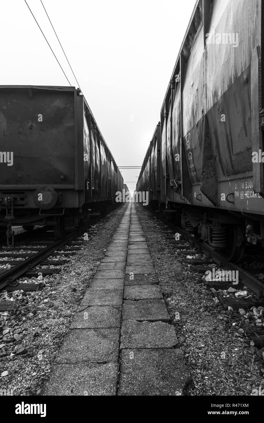 Alte Waggons im Morgennebel geparkt Stockfoto