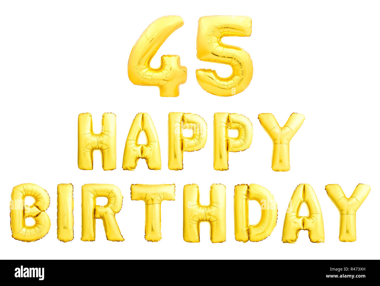 Happy Birthday 45 Jahre golden Aufblasbare Ballone auf weißem Hintergrund. Stockfoto