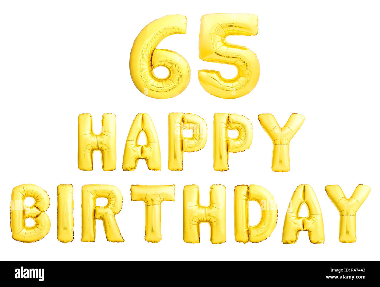 Happy Birthday 65 Jahre golden Aufblasbare Ballone auf weißem Hintergrund. Stockfoto