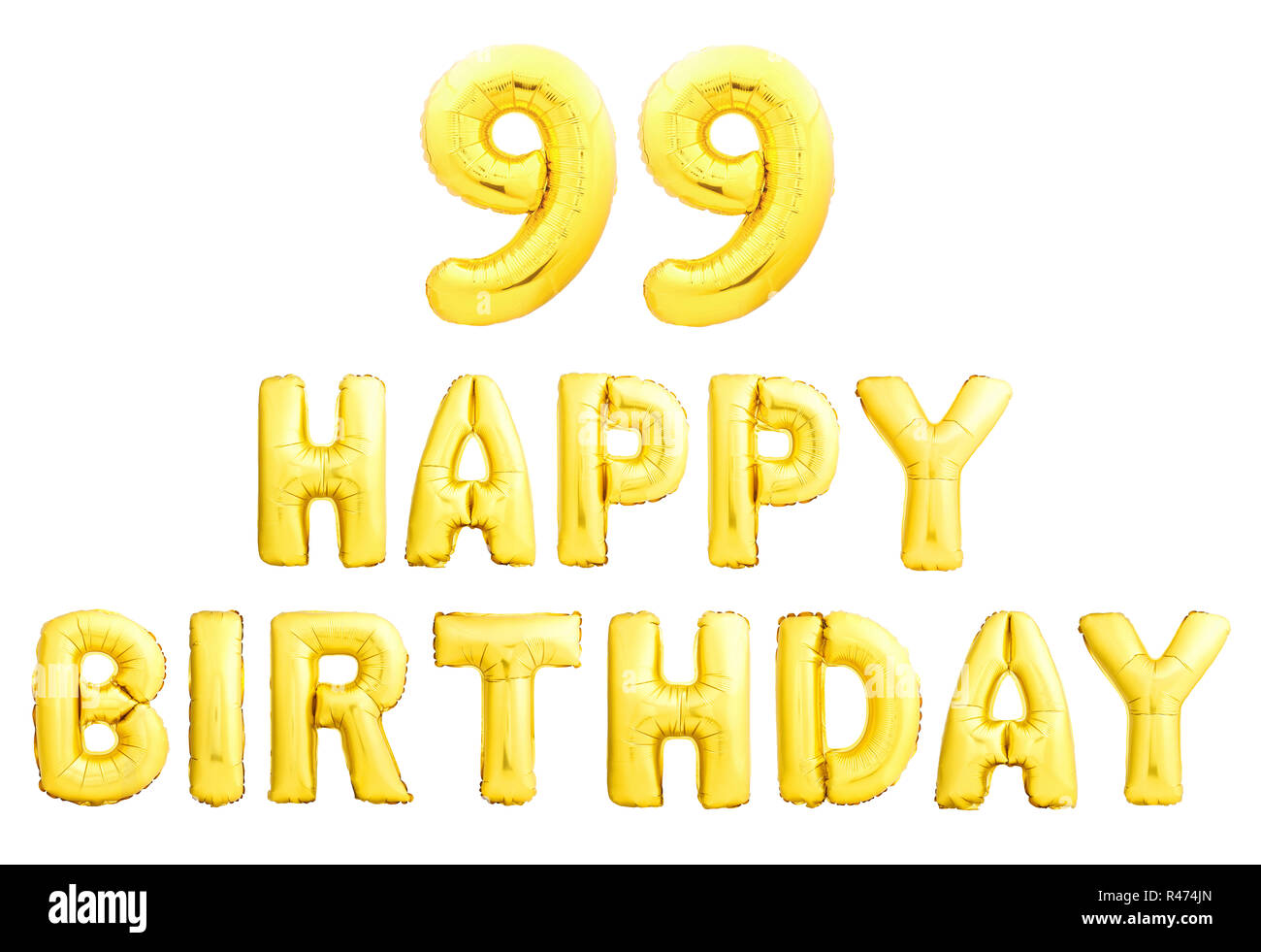 Happy Birthday 99 Jahre golden Aufblasbare Ballone auf weißem Hintergrund. Stockfoto