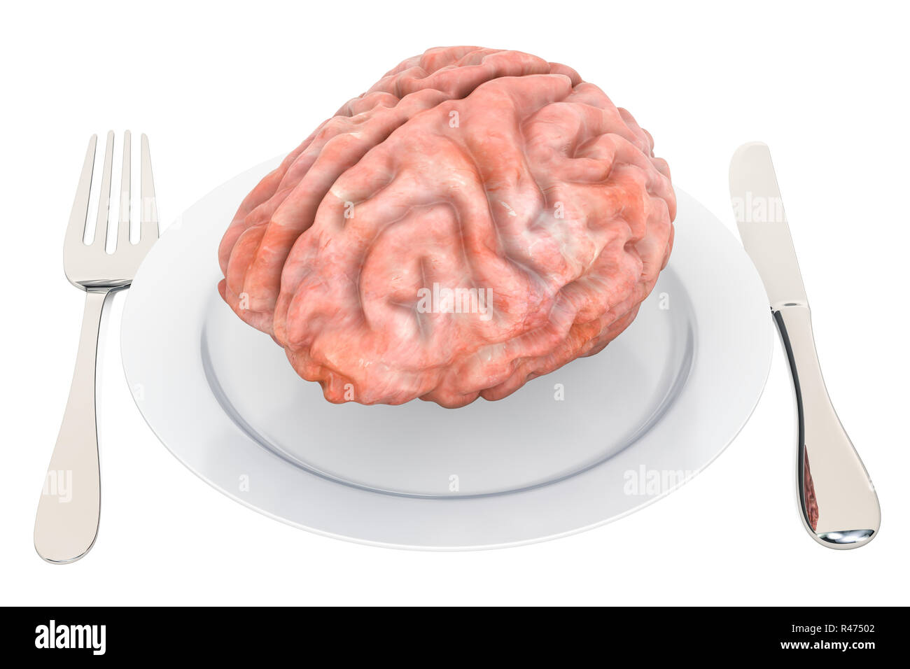 Gesundes Gehirn Essen Konzept, 3D-Rendering auf weißem Hintergrund Stockfoto