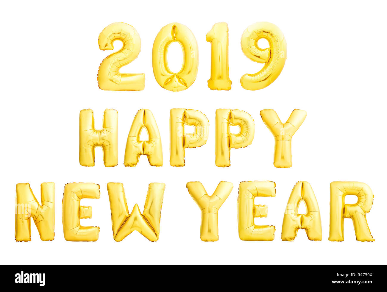 Frohes Neues Jahr 2019 Herzlichen Glückwunsch Nachricht aus goldenen Aufblasbare Ballone isoliert auf weißem Stockfoto