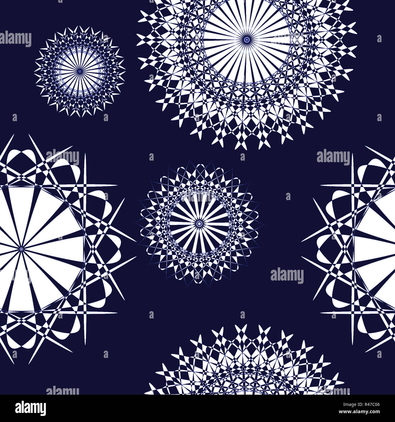 Abstrakte geometrische Kreise Hintergrund, nahtlose Weiß ornamentale Muster auf Dunkelblauem, zart und verträumt Stockfoto