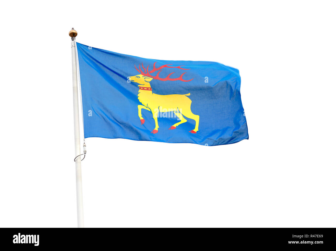 Västervik, Schweden - 22. August 2017: Die Flagge der schwedischen Provinz Oland gegen einen hellen Himmel. Stockfoto