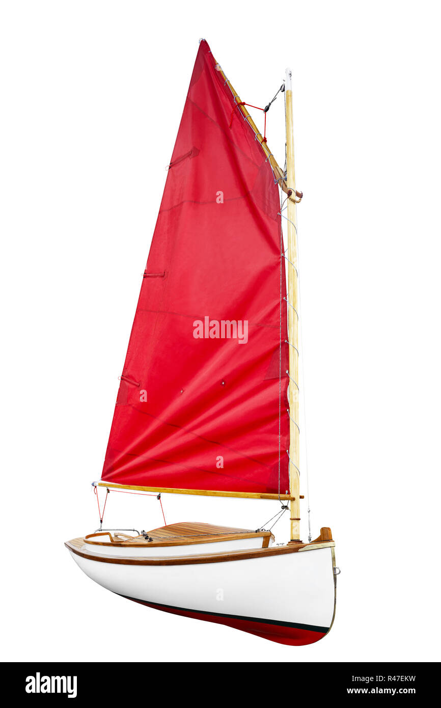 Segelboot mit Red scarlet segeln Sie auf einem weißen Hintergrund. Stockfoto