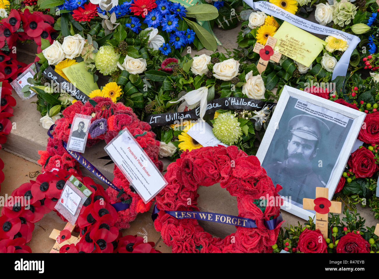 Floral Tribute an australischen National War Memorial und Denkmal für die Australischen fehlt zum 100. Jahrestag des Waffenstillstandes, Amiens, Frankreich Stockfoto