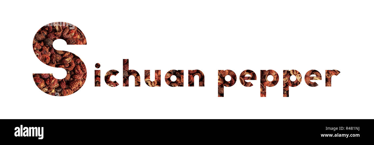Das Wort Sichuan Pfeffer mit getrockneten Sichuan Pfeffer isoliert auf weißem Stockfoto