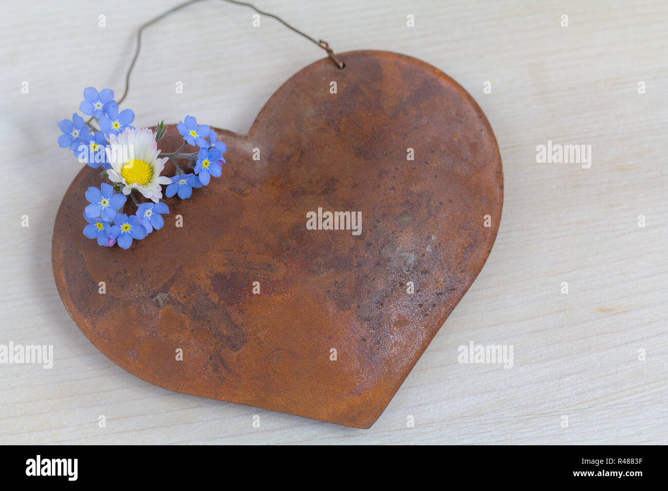 Alte Liebe rostet nicht - Stillleben mit einer rostigen Metall Herz und Vergissmeinnicht Stockfoto