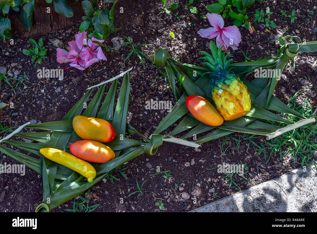 Hawaiian Frucht auf geflochtenen Körben Stockfoto
