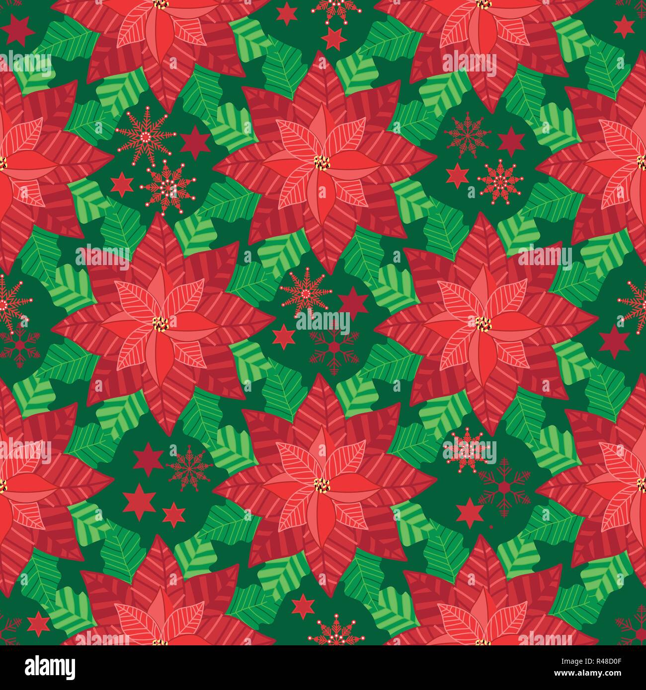 Vector Rot Weihnachtsstern mit Schneeflocken und Sternen nahtlose Muster Hintergrund. Stock Vektor