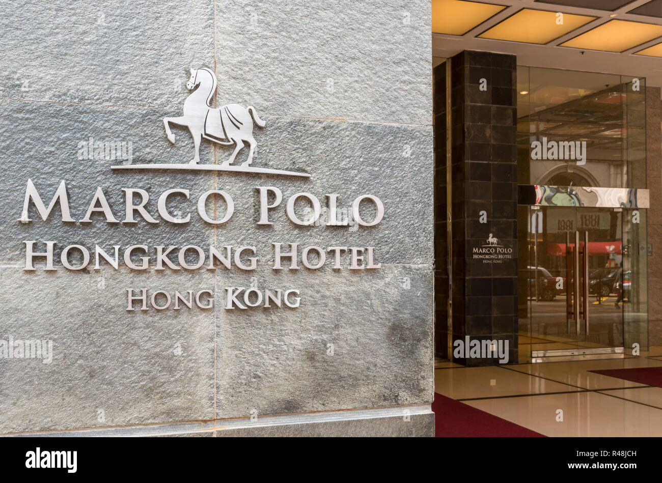 Marco Polo Hong Kong Hotel Sign, Canton Road, Tsim Sha Tsui, Kowloon, Hong Kong Stockfoto