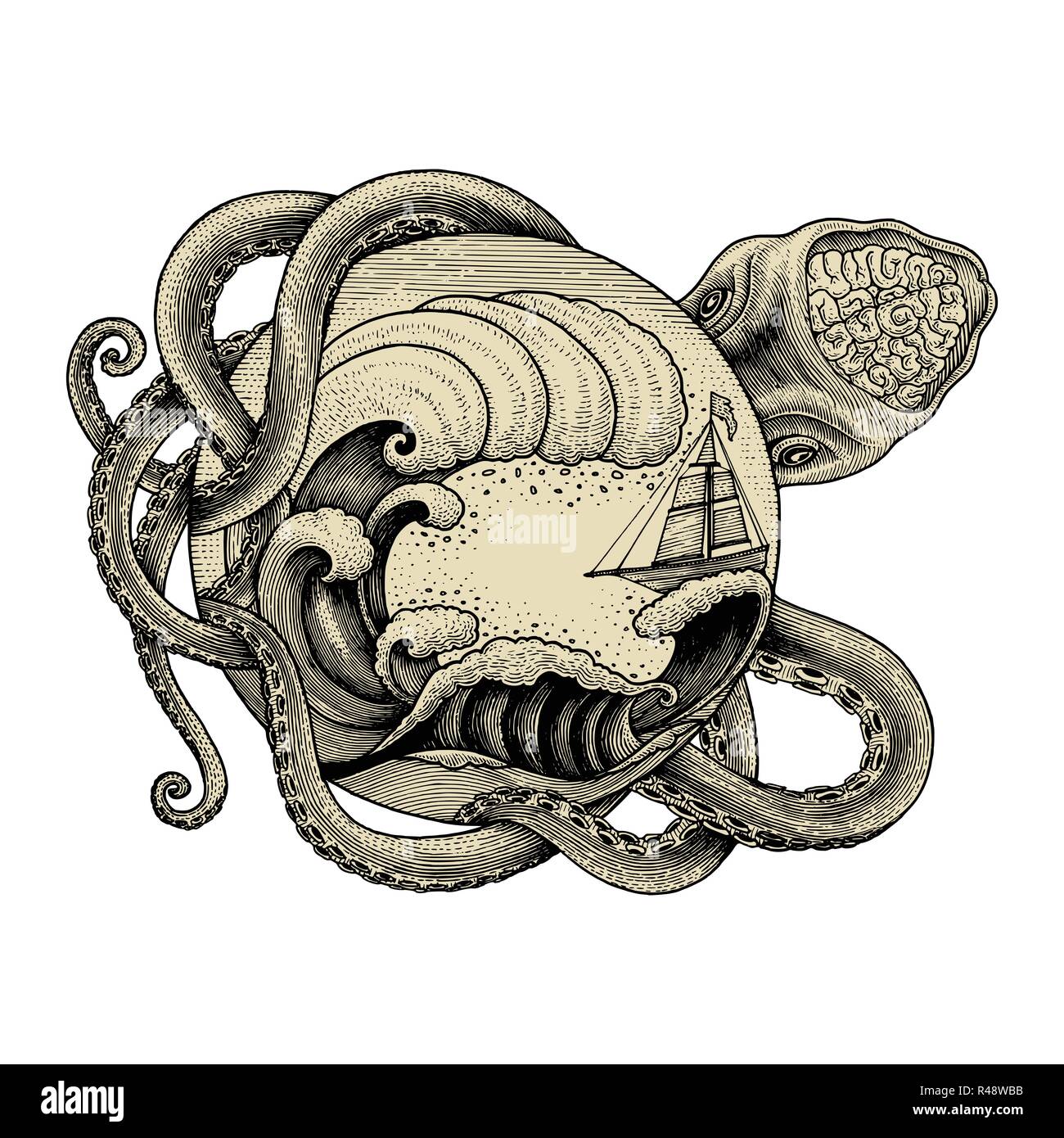 Giant Octopus angreifende Schiff und großen Ocean Wave Handzeichnung vintage Gravur Illustration für tattoo Stock Vektor