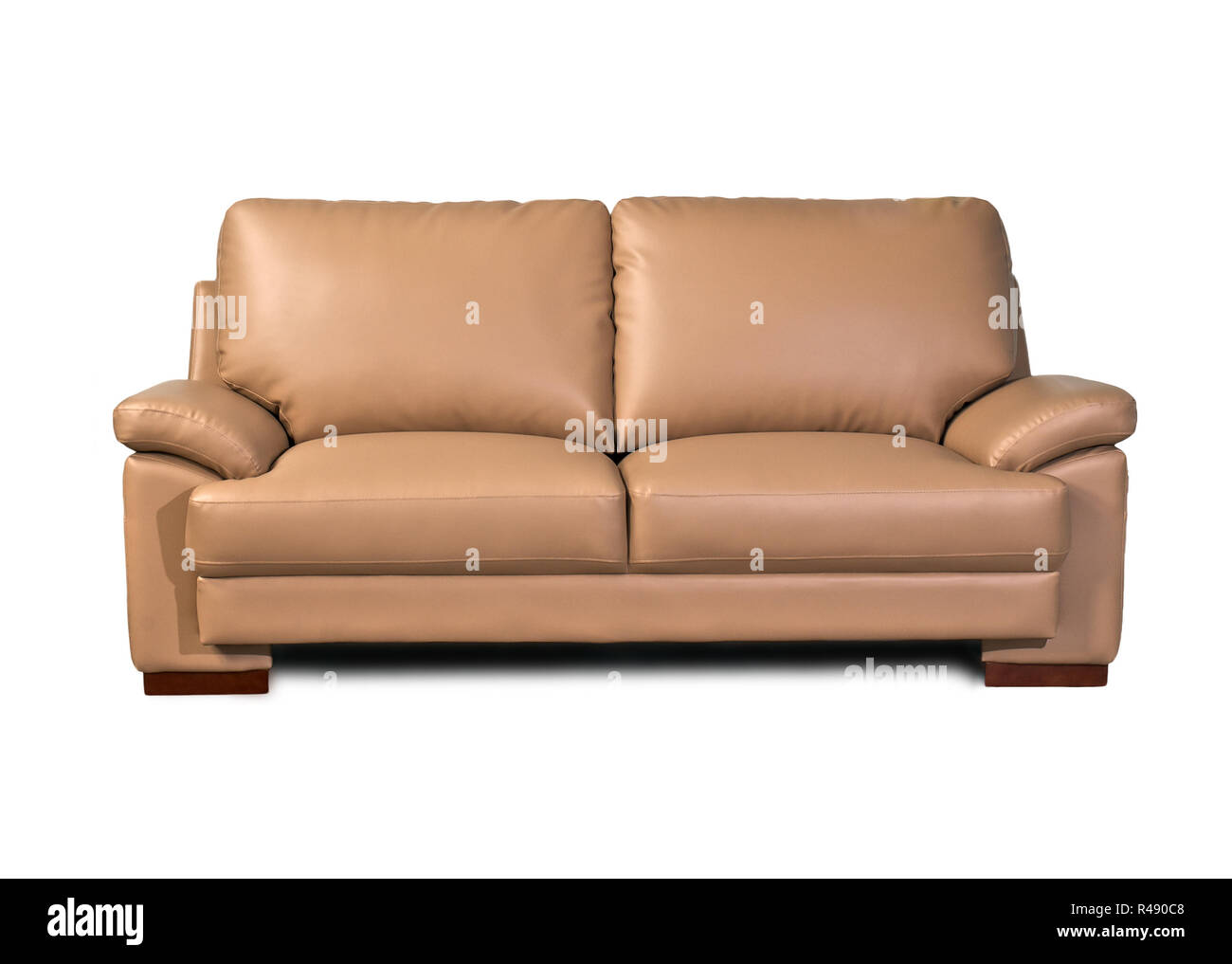 Hellbraun leder Sofa auf weißem Hintergrund Stockfoto