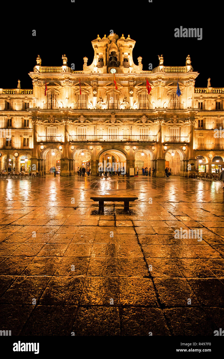 Berühmte Plaza Mayor in Salamanca in der Nacht, Castilla y Leon, Spanien Stockfoto