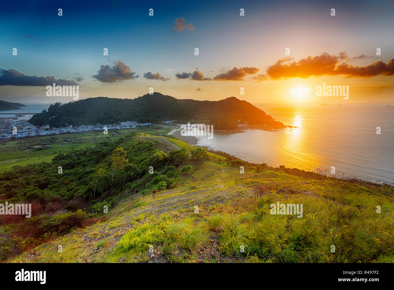 Sonnenuntergang in Tai O, Hong Kong Stockfoto