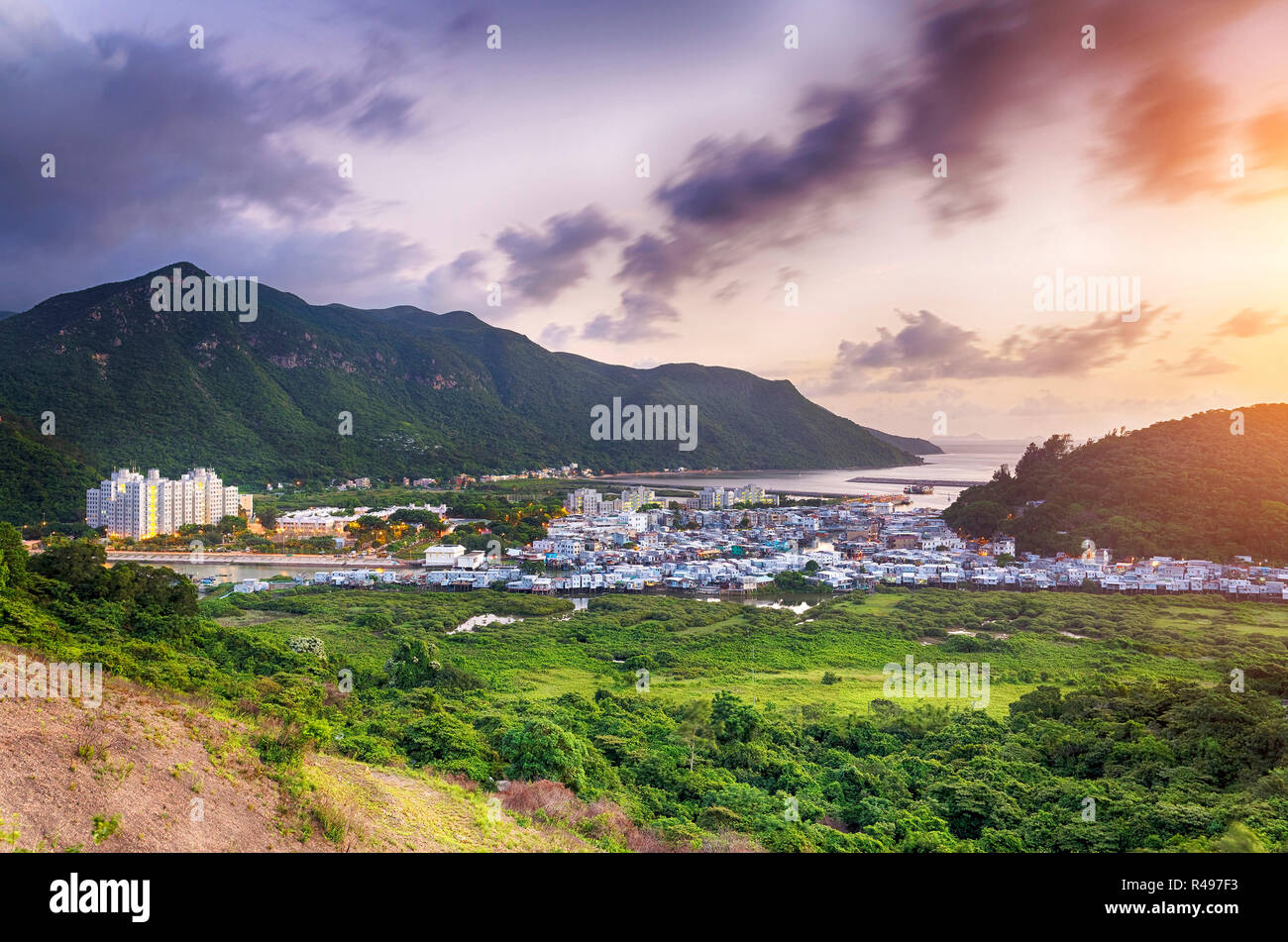 Sonnenuntergang in Tai O, Hong Kong Stockfoto