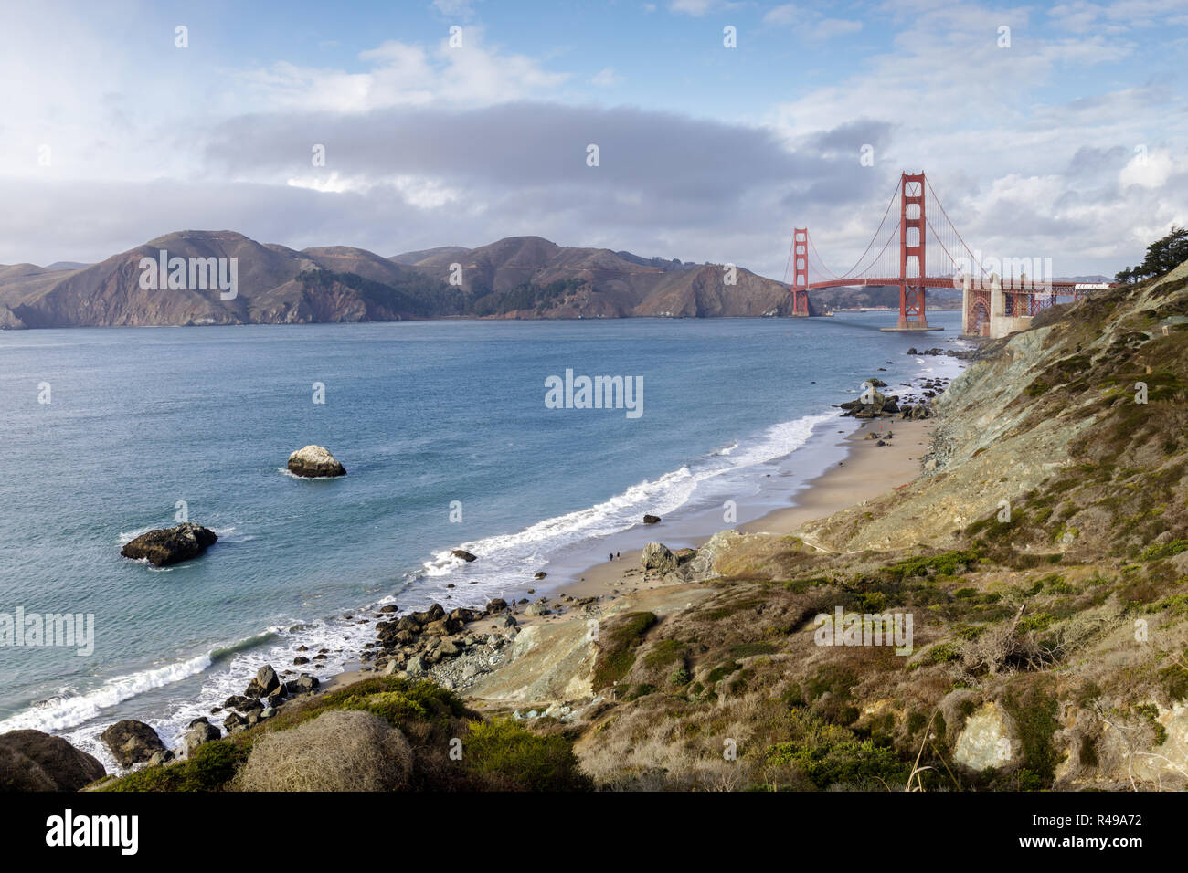 Marshall's Beach robuste Familienfreizeitszentren mit Blick auf die Golden Gate Bridge und Marin Headlands. Stockfoto