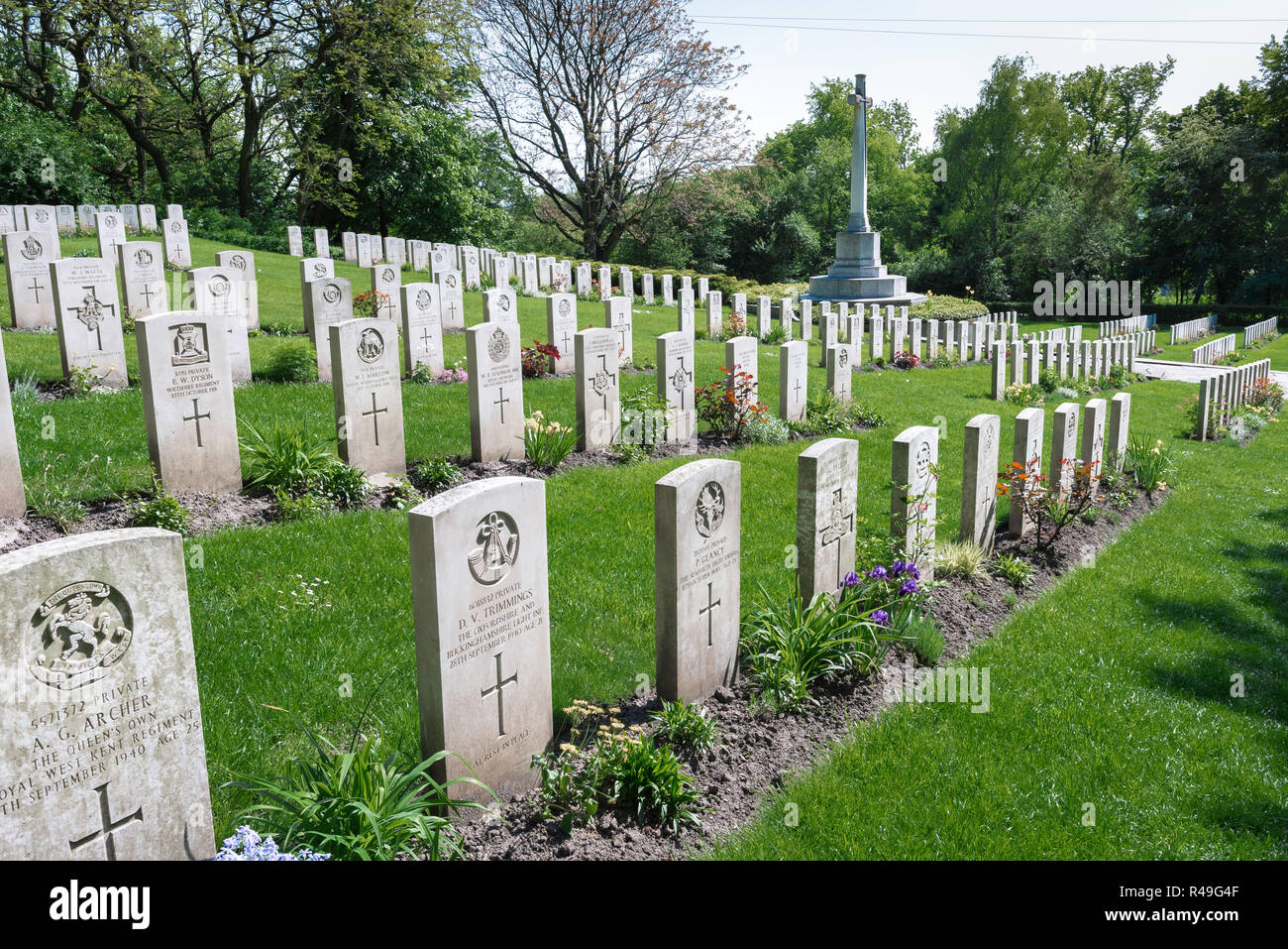 British Commonwealth Krieg Grab, Blick auf die grabsteine der britischen Soldaten, die in zwei Weltkriegen in der Garnisonsfriedhof in Poznan (Posen), Polen kämpfte Stockfoto