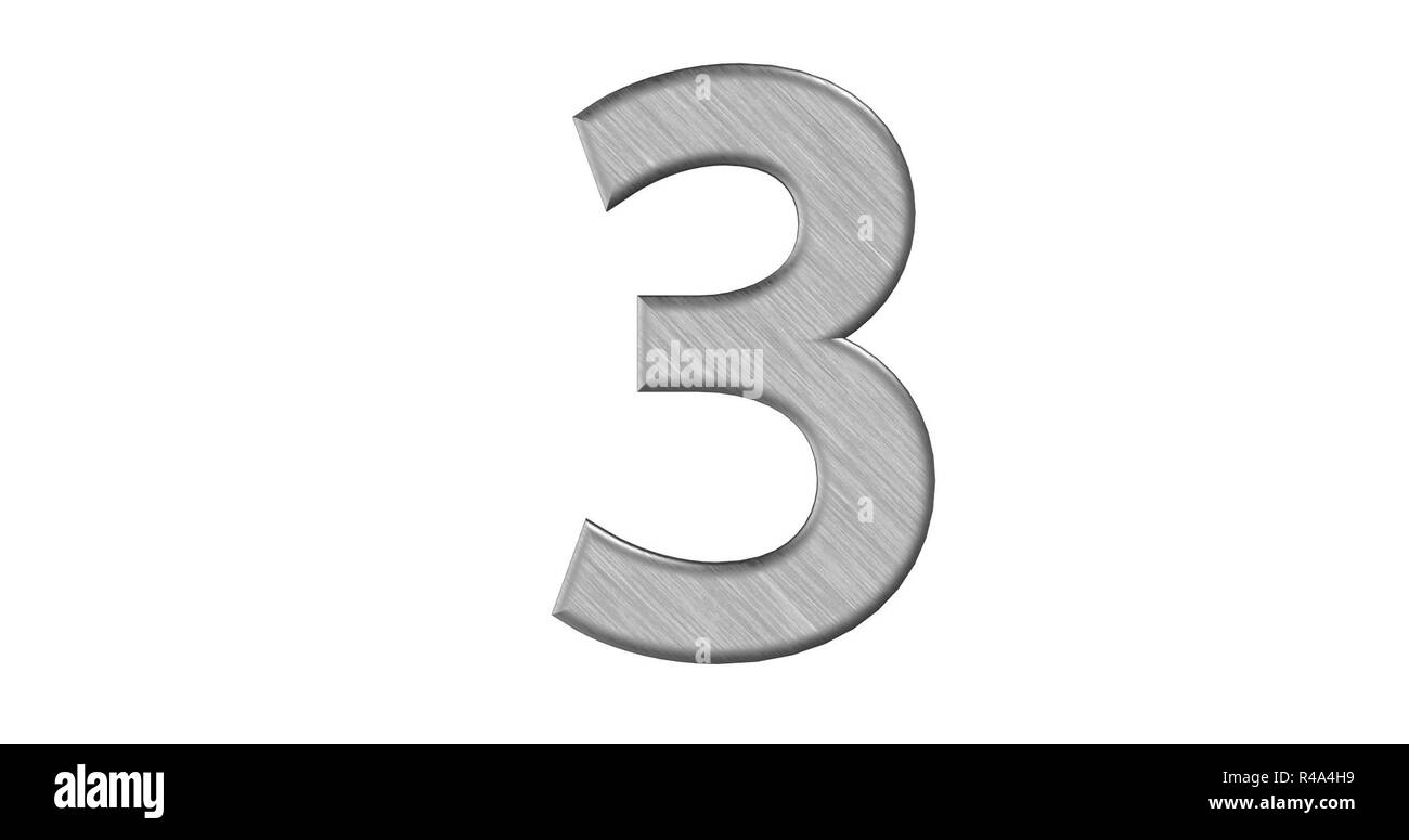 3D-Rendering des Briefes 3 in gebürstetem Metall auf einem weißen Hintergrund isoliert Stockfoto
