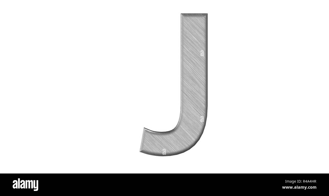 3D-Rendering des Buchstaben J in gebürstetem Metall auf einem weißen Hintergrund isoliert Stockfoto