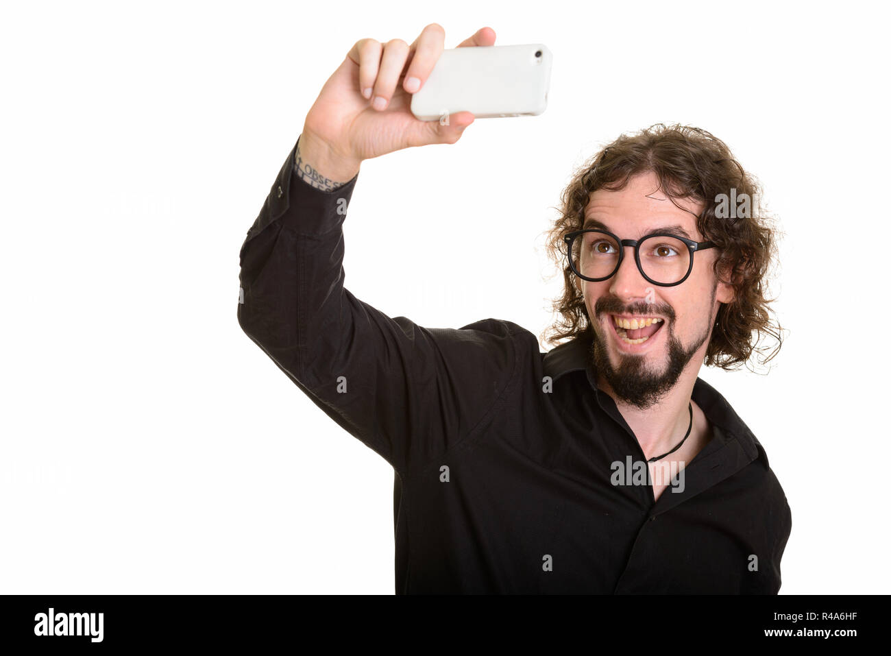 Happy stattlichen kaukasischen Mann unter selfie mit Handy Stockfoto