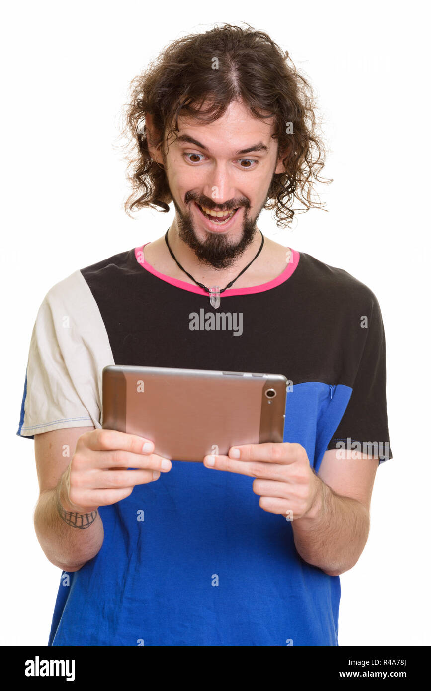 Happy stattlichen kaukasischen Mann mit digitalen Tablet Stockfoto