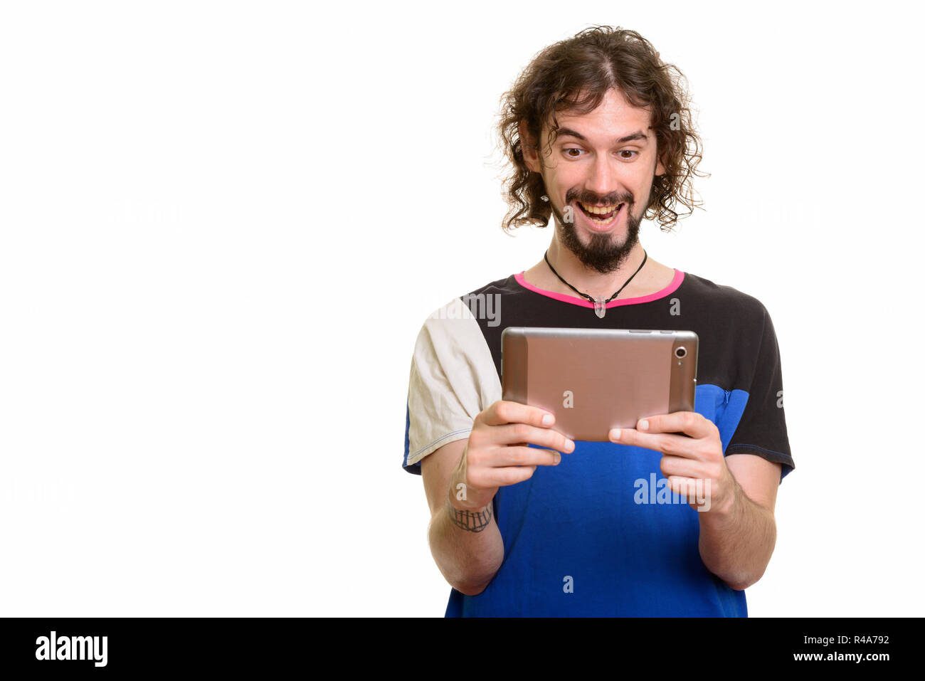 Happy stattlichen kaukasischen Mann mit digitalen Tablet Stockfoto