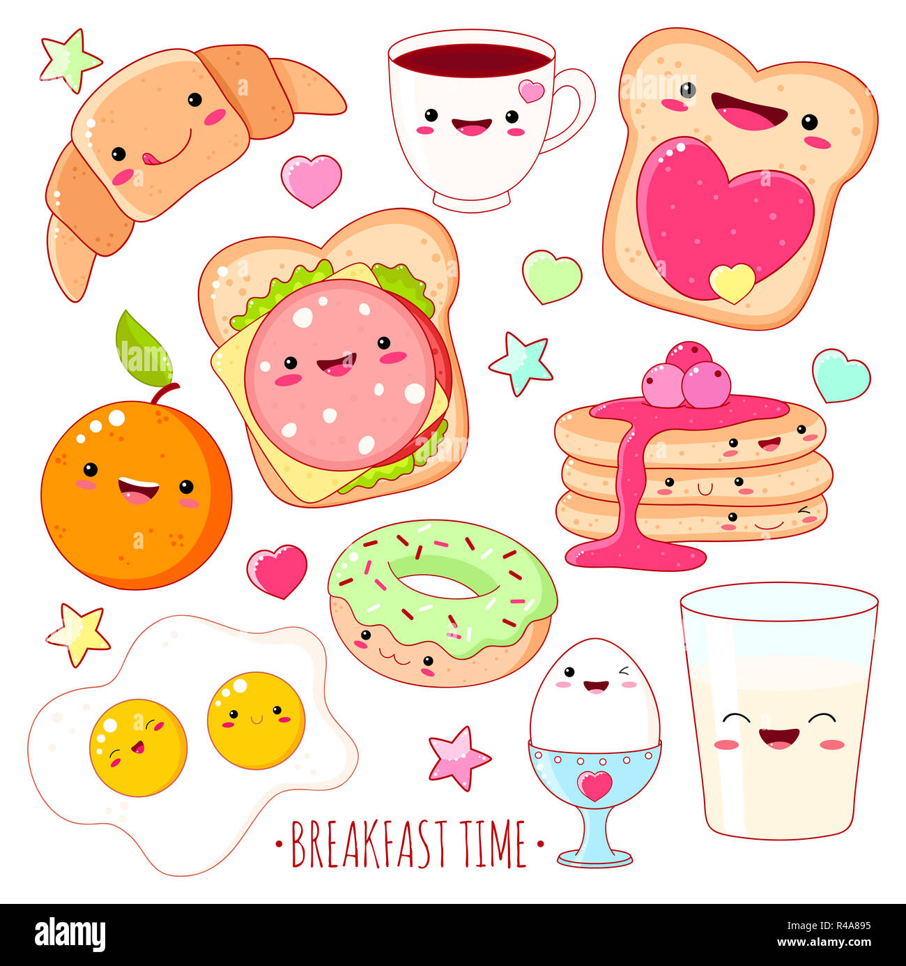 Zeit für das Frühstück. Eingestellt von süßen Speisen Symbole in kawaii Stil mit lächelnden Gesicht und rosa Wangen für Sweet Design. EPS8 Stockfoto