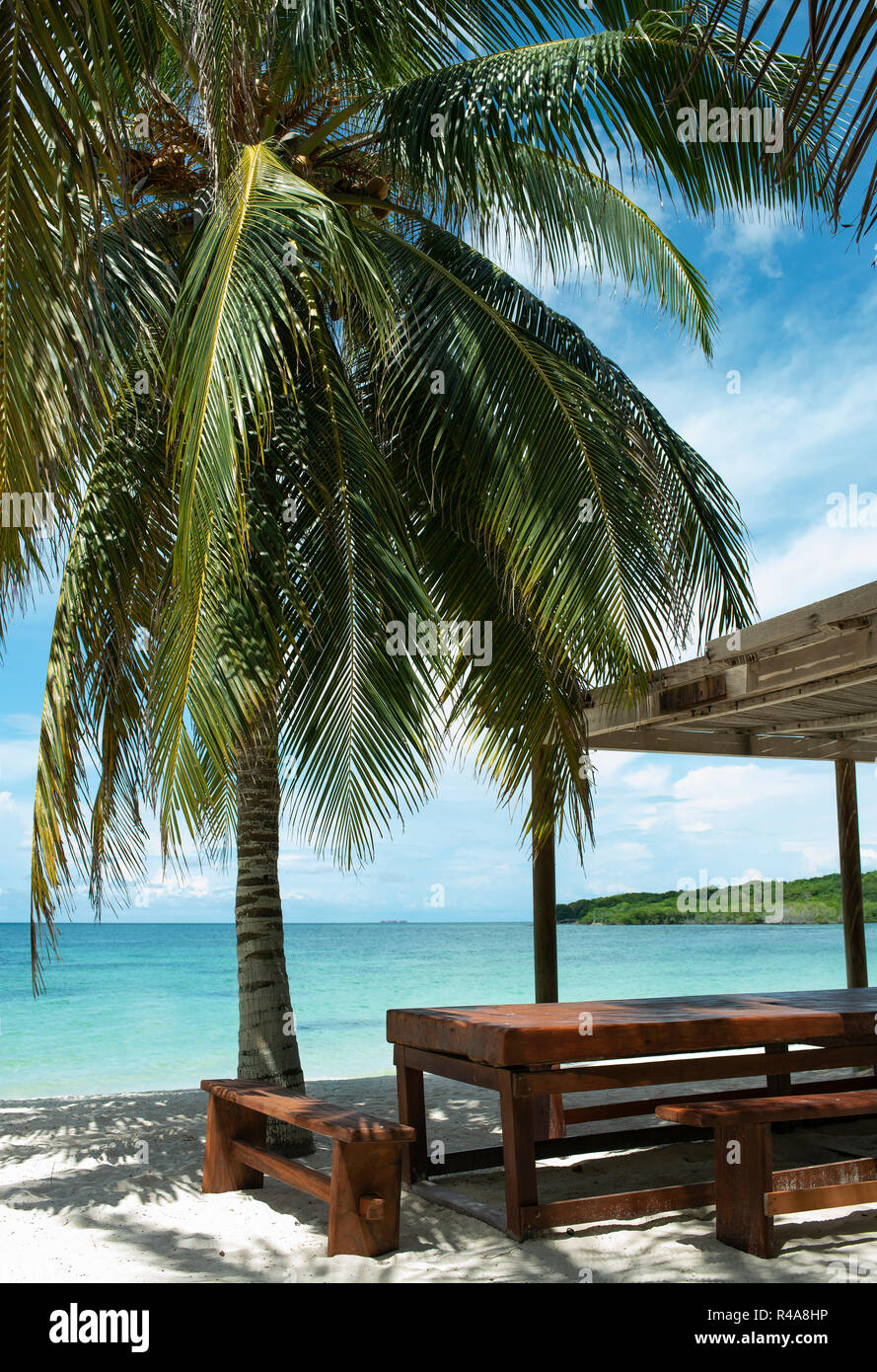 Pavillon, Palmen und reinem Wasser. Die malerische Playa Azul ist eine unbewohnte Beach auf einer privaten Insel in der Nähe von Isla Barú. Cartagena de Indias, Kolumbien Stockfoto