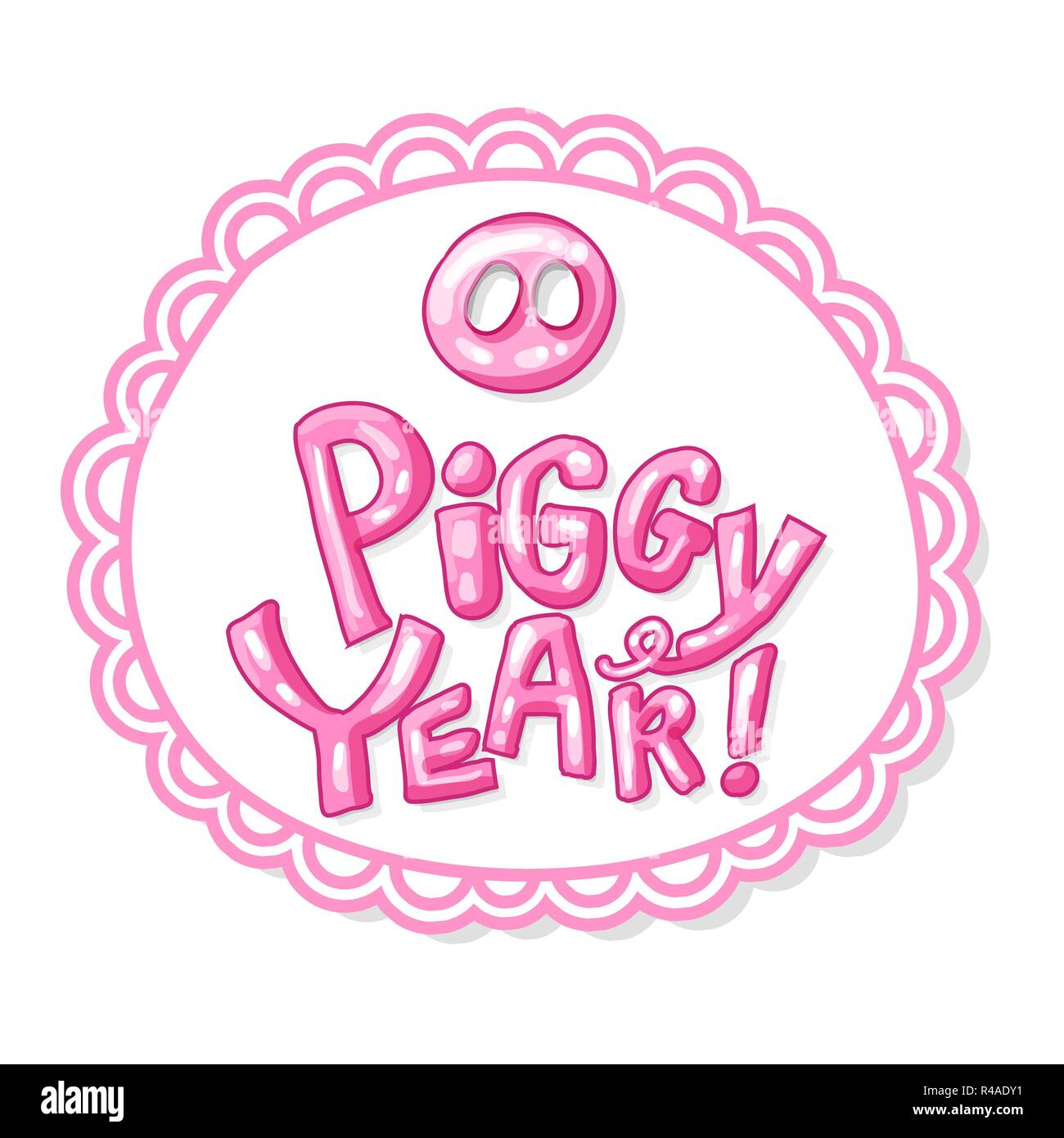 Nettes Schwein Rüssel in rosa Farbe mit neuen Jahr 2019 Schriftzug. Isolierte Schweinen Astrologie Symbol mit hellen Buchstaben. Verwenden Sie für das Laserschneiden und Weihnachten Geschenk Design Stock Vektor