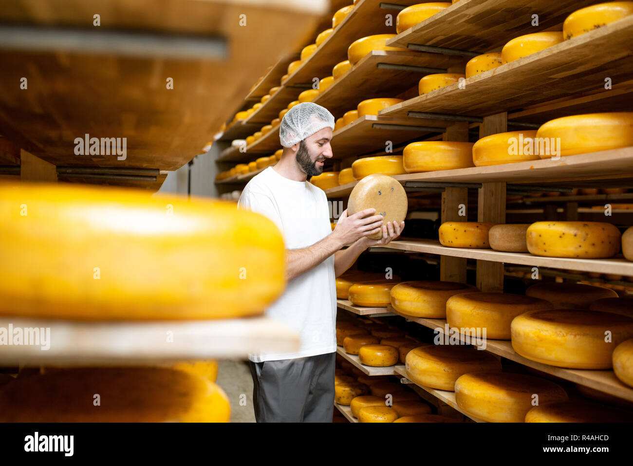 Mitarbeiter Kontrolle der Käse Qualität bei der Lagerung mit Regalen voller Käselaibe während des Alterungsprozesses Stockfoto