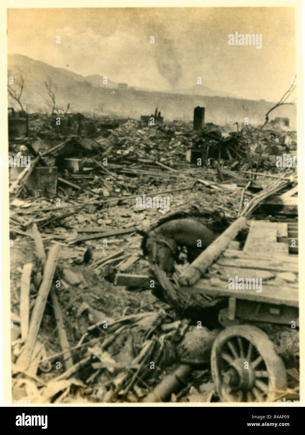 Dead Horse und Landschaft der verwüsteten Ruinen Ödland nach atomaren nuklearen Bombardierung,, Hiroshima, Japan, 1945 Stockfoto