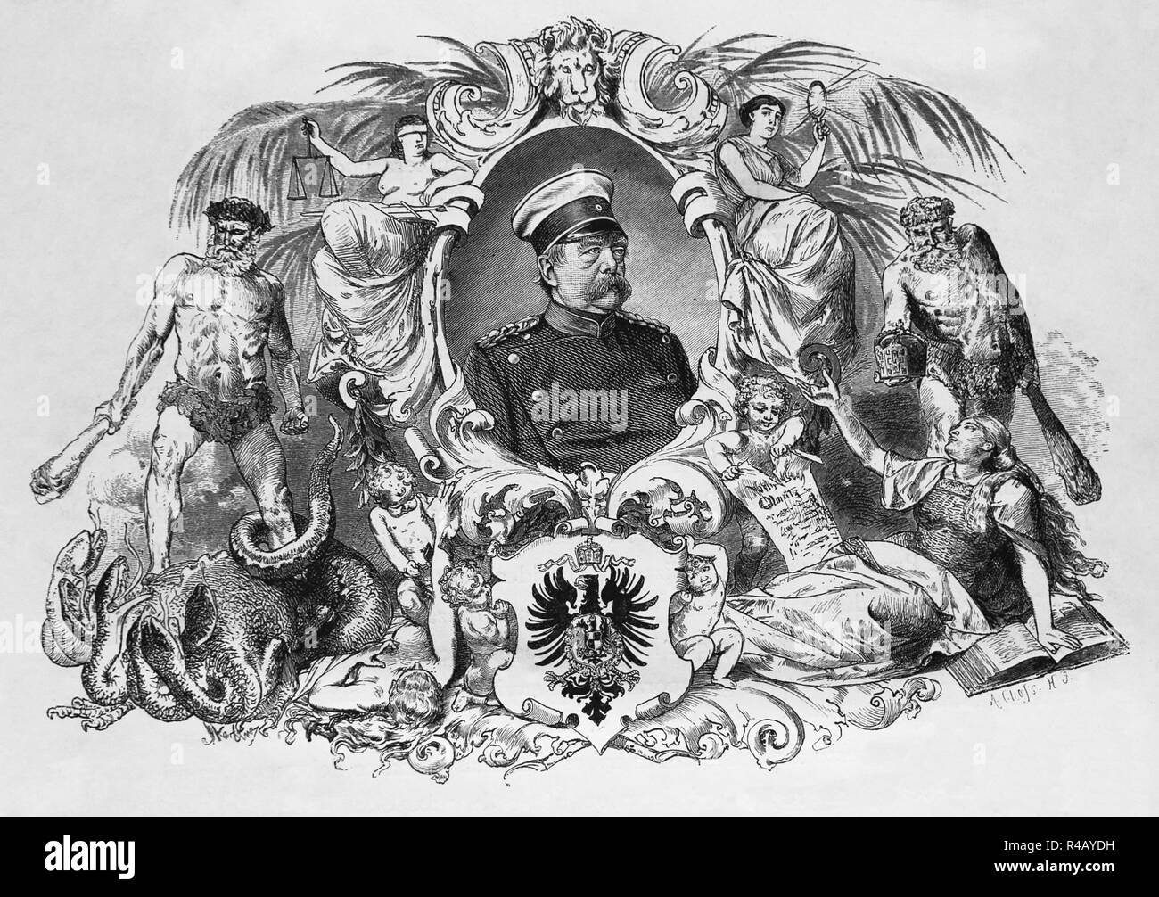 Otto von Bismarck (1815-1898). Preußischen Staatsmann. 1. Kanzler des Deutschen Reiches. Gravur, 1882. Farbe. Stockfoto