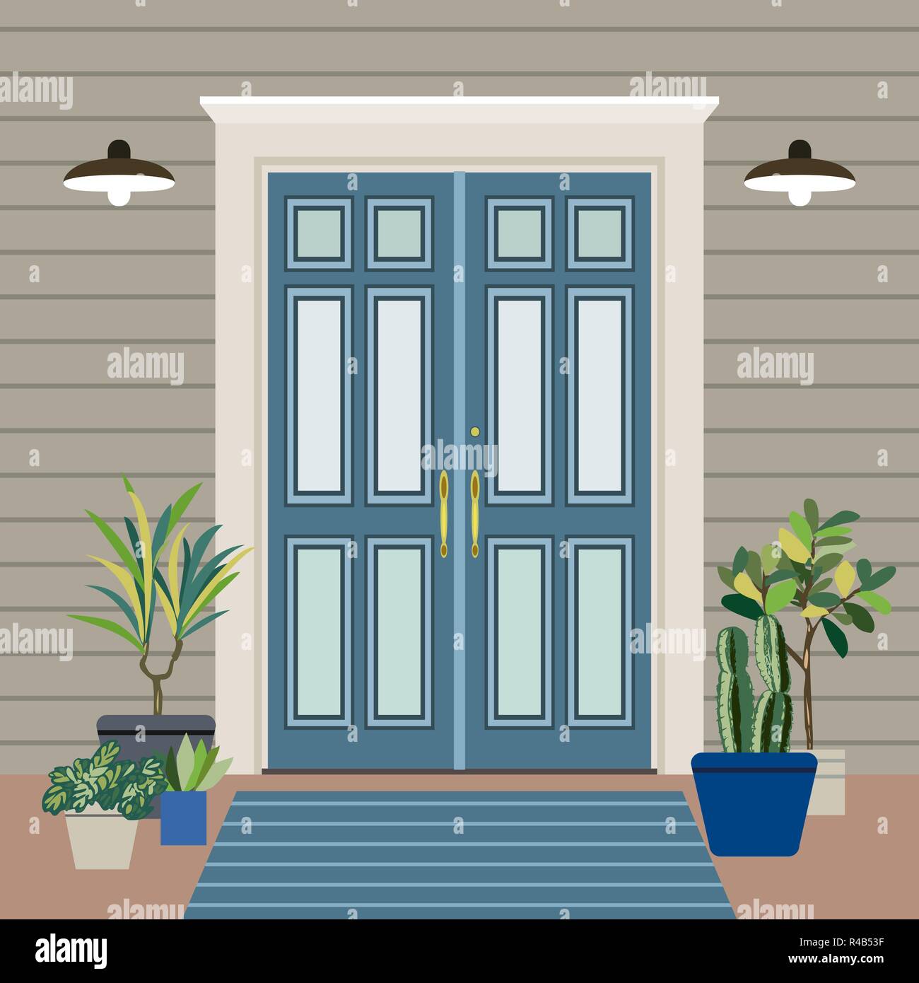 Haus Tür vorne mit Fenster und Pflanzen flat, Gebäude Eintrag Fassadengestaltung illustration Vektor Stock Vektor