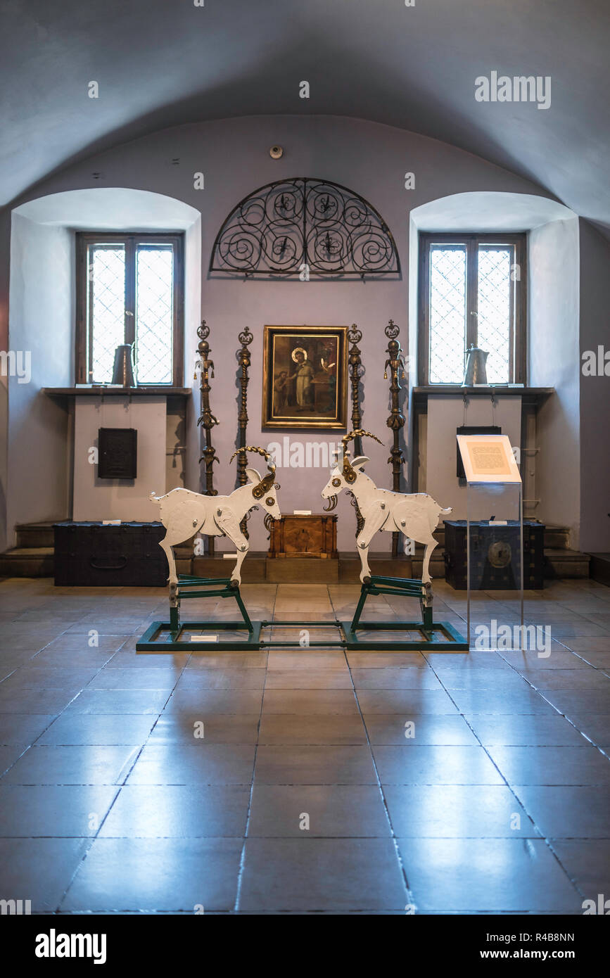 Rathaus Museum, Blick in das Historische Museum von einem Modell der butting Ziegen (Tirek & Pyrek), die Maskottchen der Stadt Poznan. Stockfoto