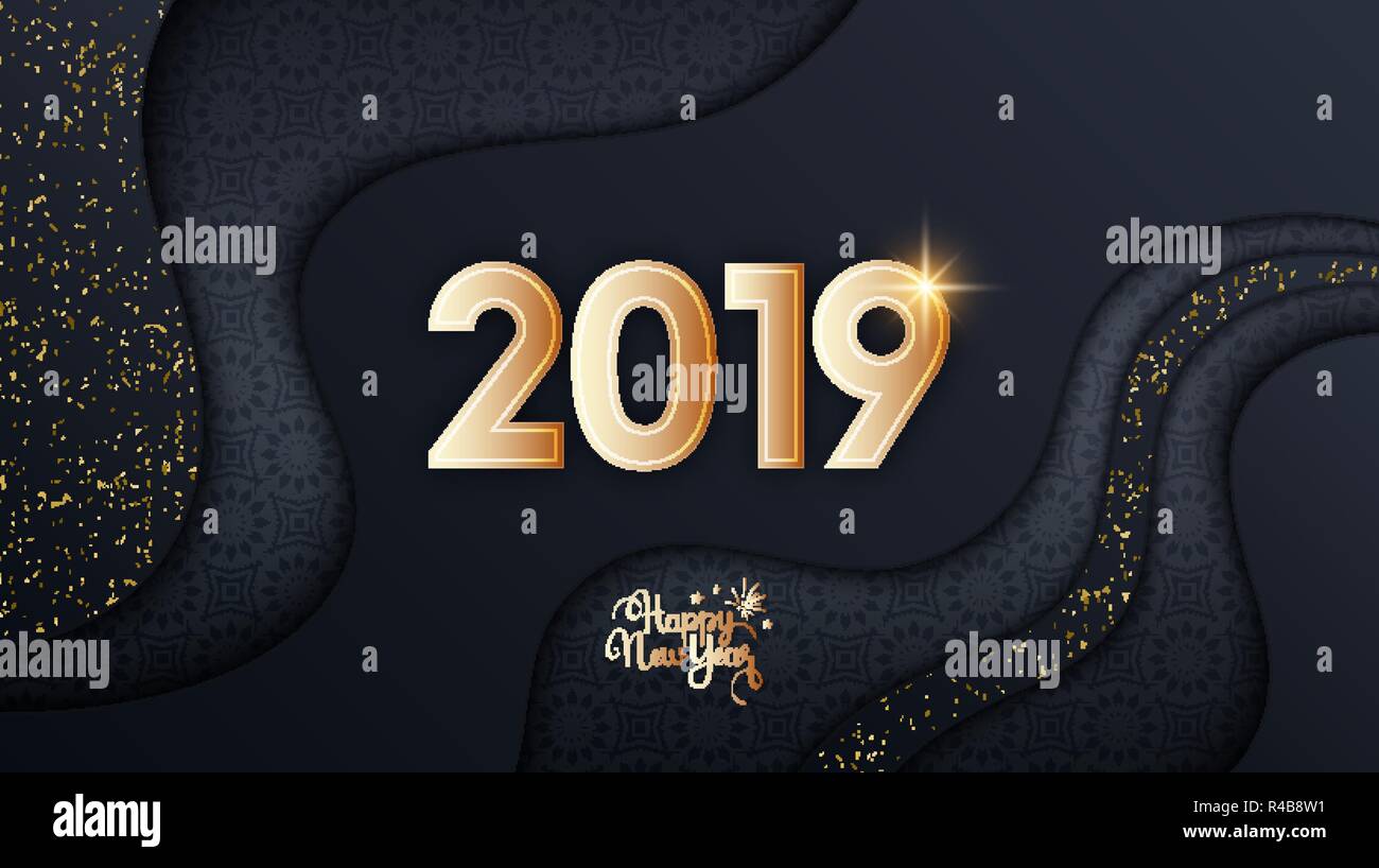 Frohes Neues Jahr 2019 Abstract Vorlage. Vector Illustration von gewelltem Papier schneiden Hintergrund mit Grunge goldenen Staub overlay Textur und Urlaub Muster Stock Vektor