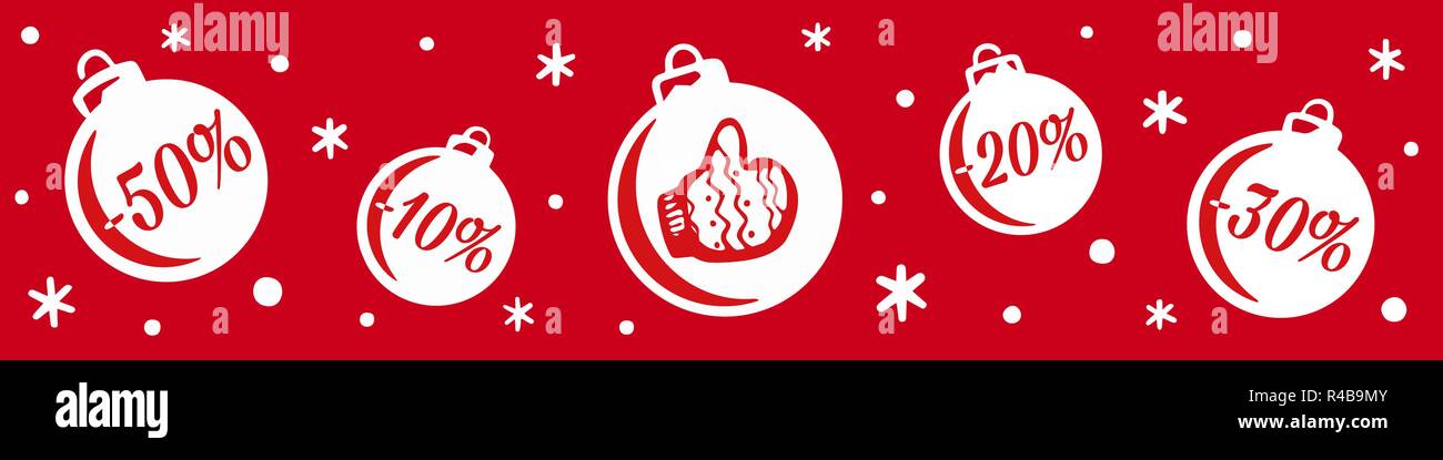 Weihnachten und das neue Jahr. Weihnachtskugeln Verkauf. Banner für Shopping store Rabatt. Weihnachten Verkauf Rabatt mit Schneeflocken in roten Hintergrund Stock Vektor