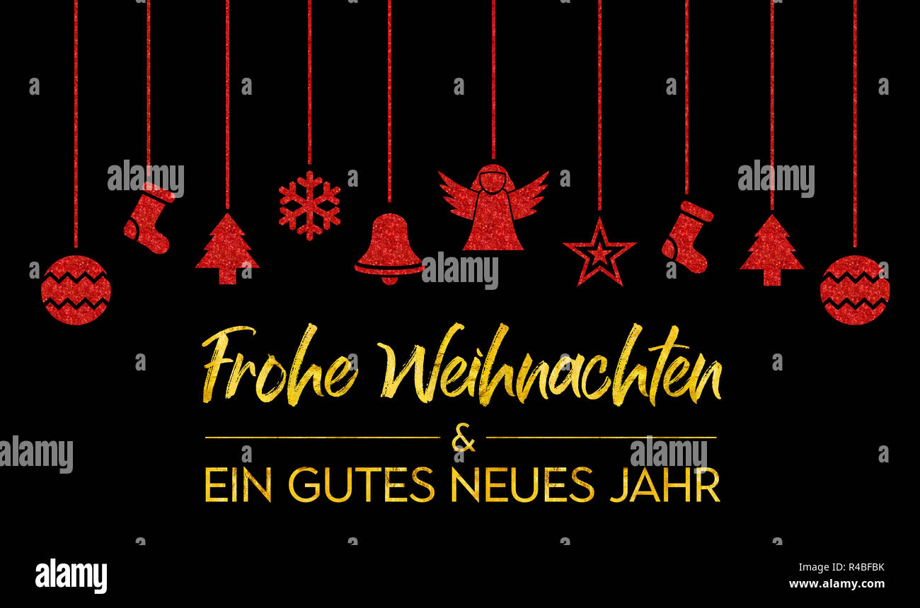 Red Christmas Ornaments - Frohe Weihnachten und Beispiele - Frohe Weihnachten und ein glückliches neues Jahr. Stockfoto