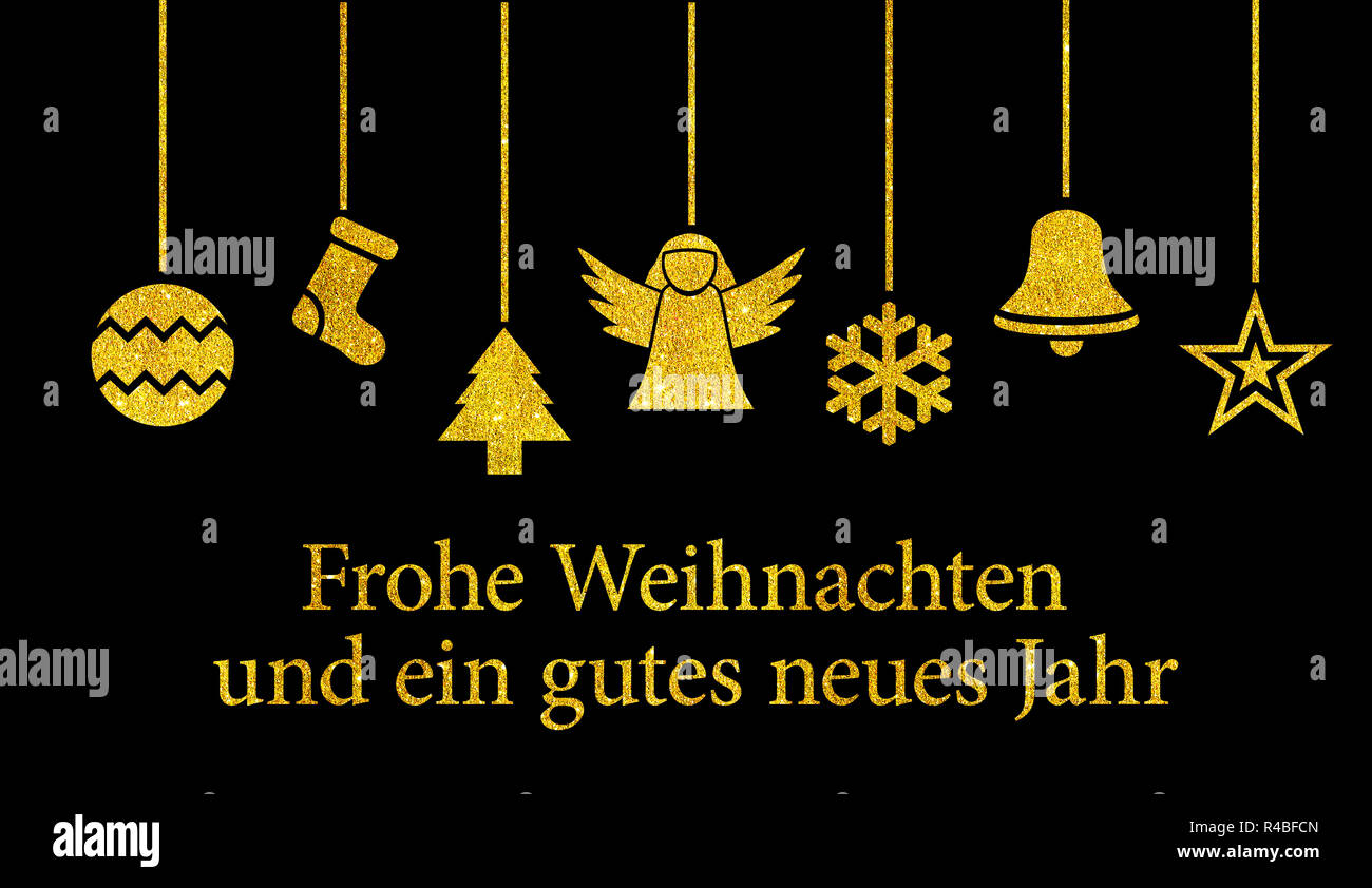 Golden Christmas Ornaments - Frohe Weihnachten und Beispiele - Frohe Weihnachten und ein glückliches neues Jahr. Stockfoto