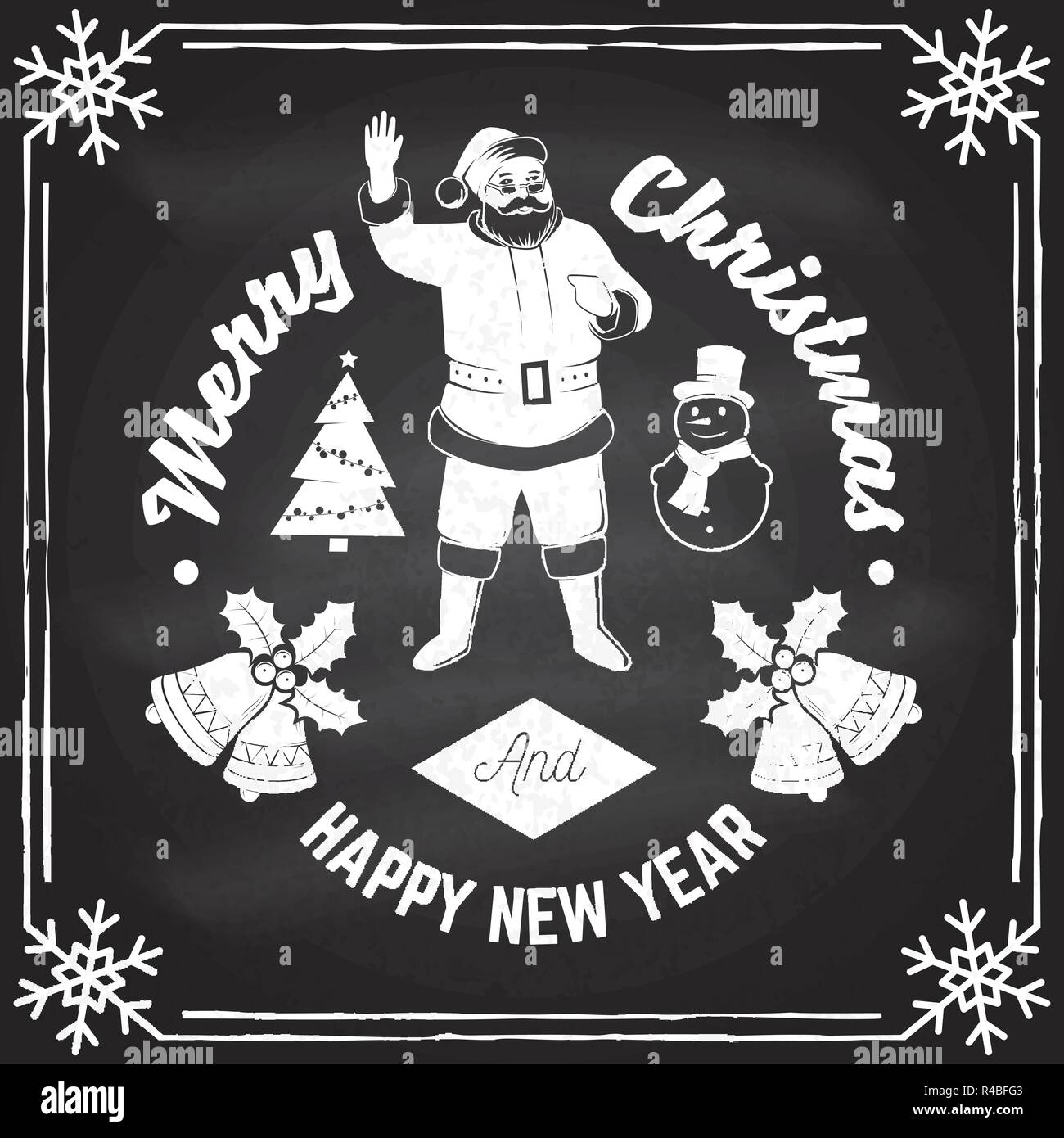 Frohe Weihnachten und ein glückliches Neues Jahr 2018 retro Template mit Santa Claus. Vector Illustration auf dem Schwarzen Brett. Xmas Design für Glückwunsch Karten, Einladungen, Banner und Flyer. Stock Vektor