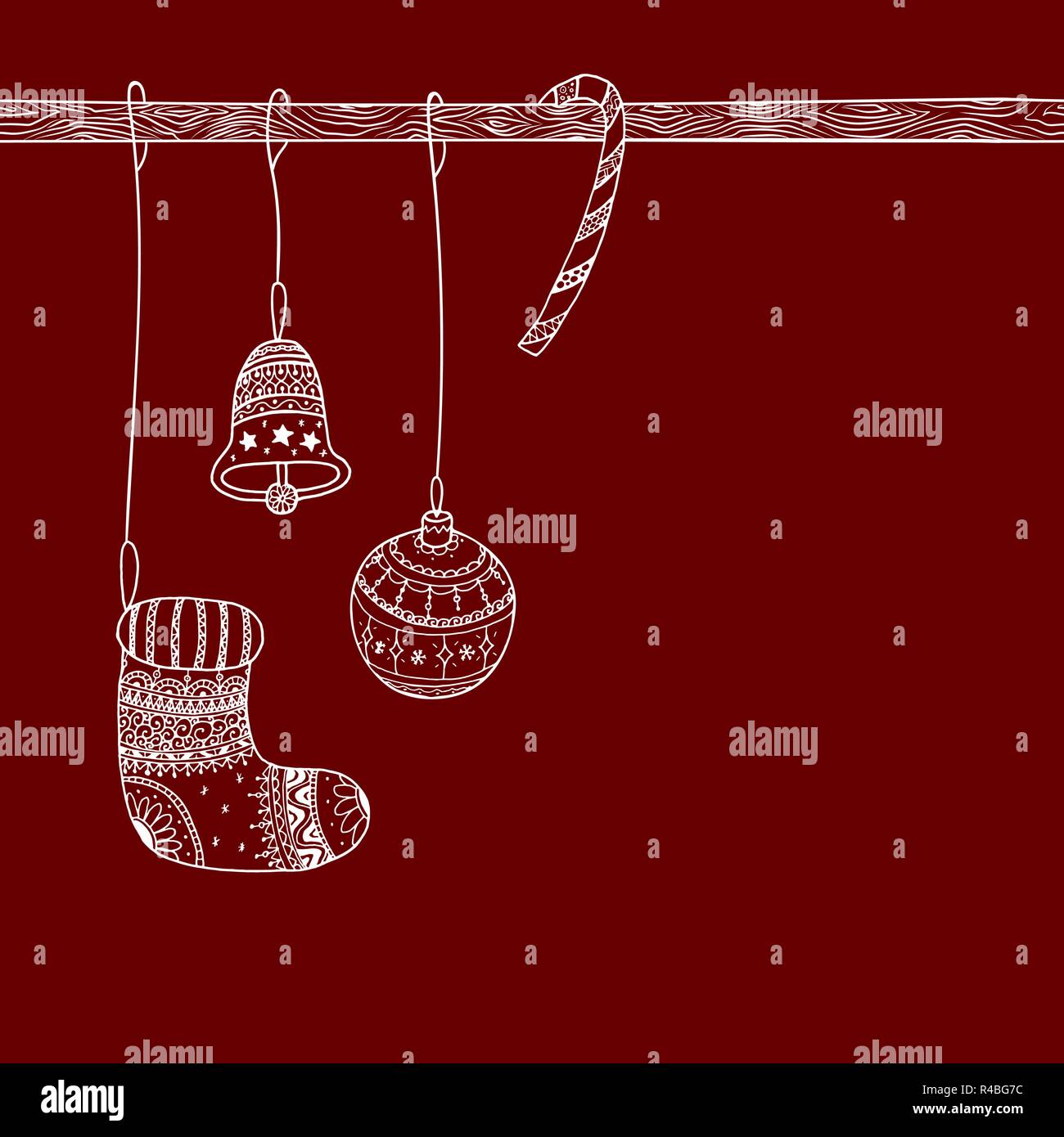 Vektor Weihnachten Einladungskarte von Weihnachten dekorative Symbol - Candy Cane, Baum Ball Spielzeug, Socke, Weihnachten Glocke auf Zweig. Weihnachten Grußkarte o Stock Vektor