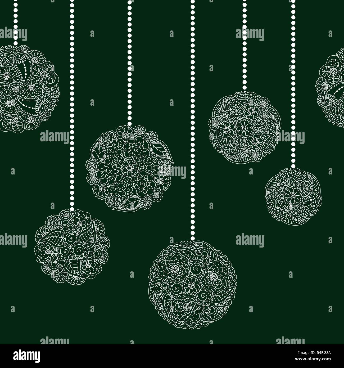 Vektor dekorative nahtlose Weihnachten Grenze mit weißen Baum Ball Spielzeug von floralen doodle Elemente auf grünem Hintergrund. Weihnachten nahtlose Grenze Stock Vektor