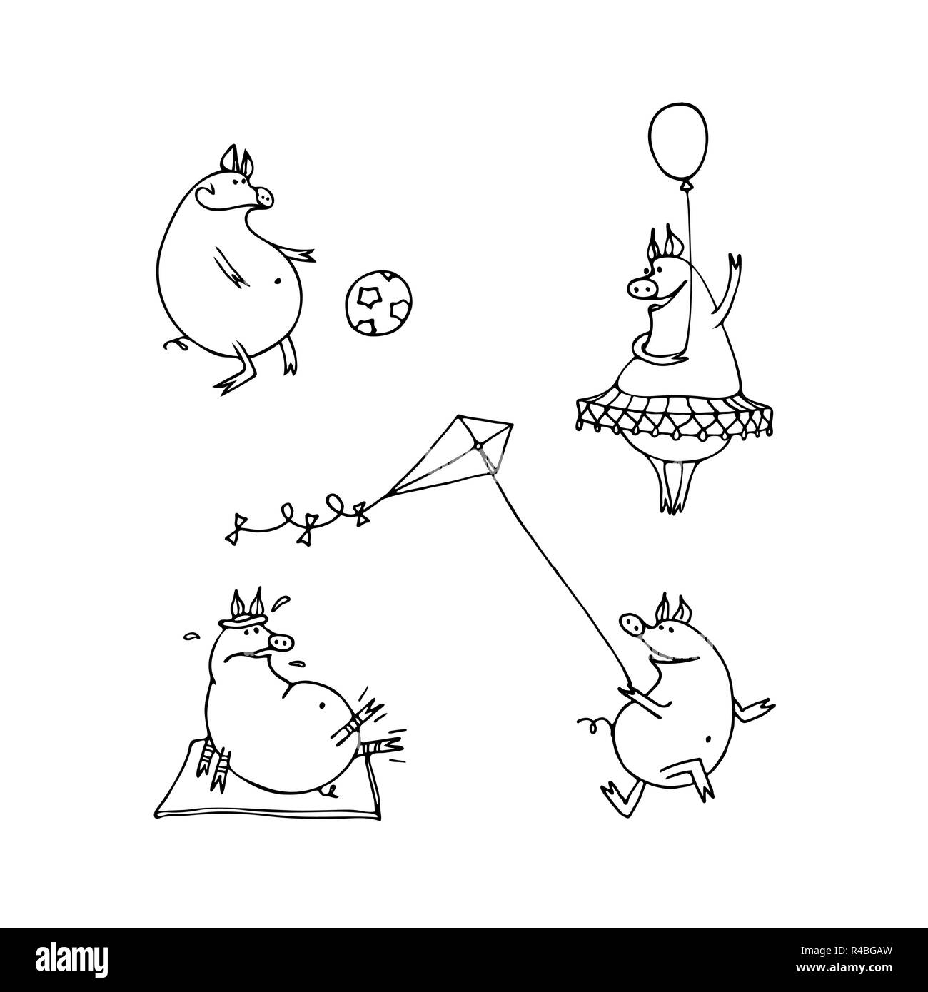 Vektor einrichten von Cartoon Schweine. Lustige Schweine spielen Fußball, Aerobic, Zirkus, Kite. Färbung Seite Buch für Kinder Stock Vektor