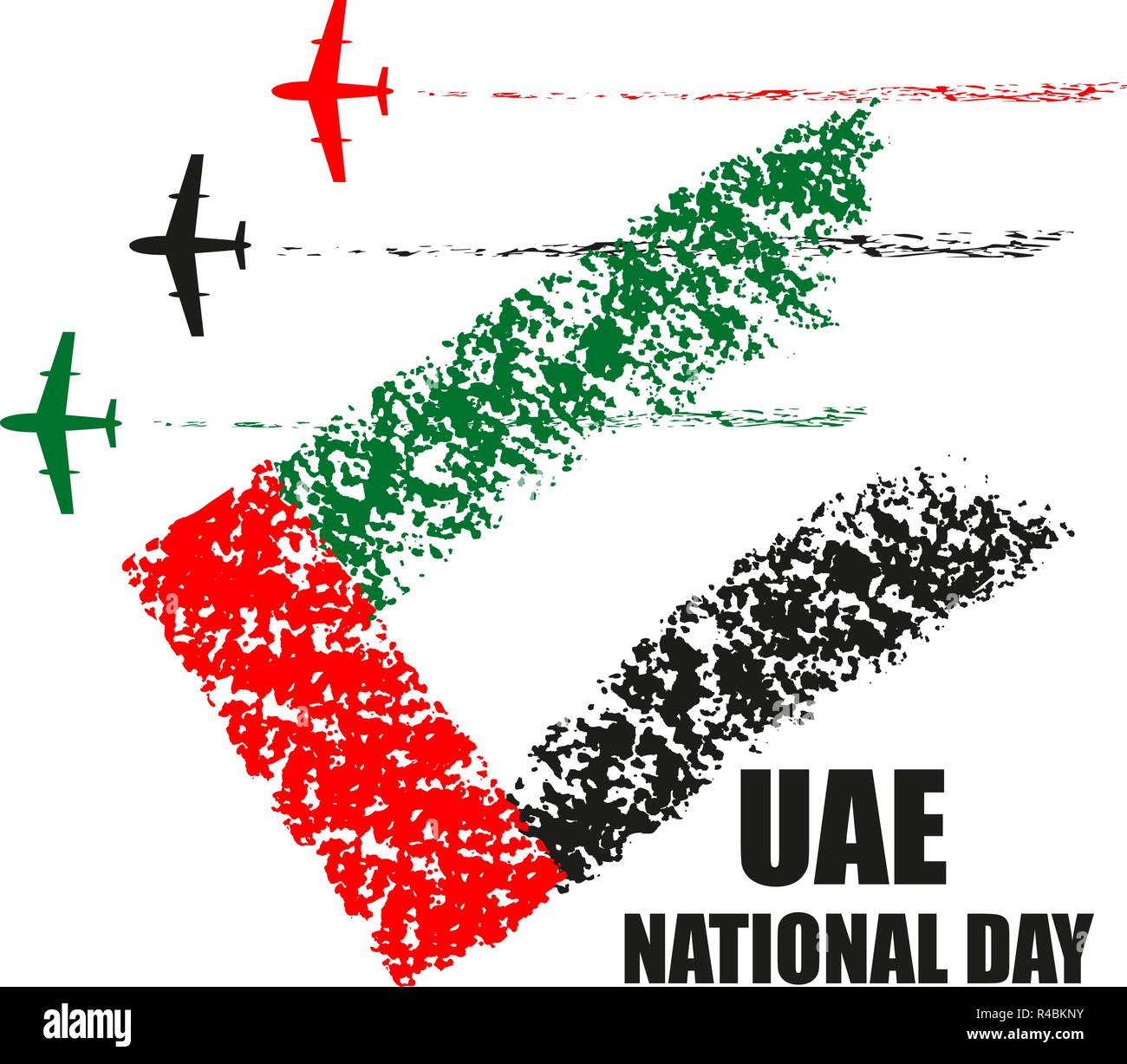 UAE nationalen Tag Plakat mit Flugzeugen der Kunstflug in der nationalen Flagge Farben Vector Illustration. Stock Vektor