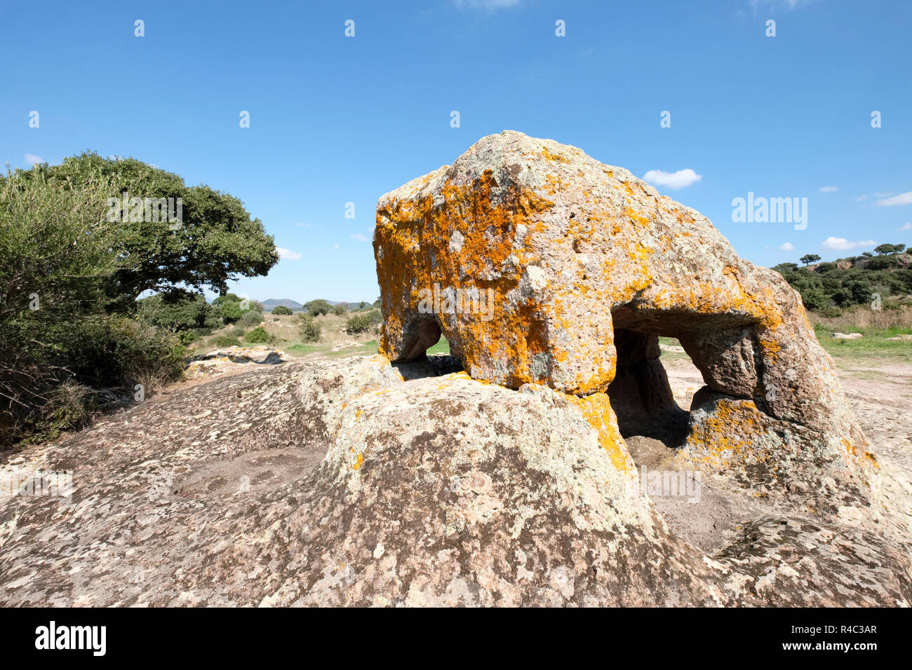 Prähistorische enthauptet Trachyt Statue eines Stiers. Nekropole Sant'Andrea Priu sakrale Komplex, von Ozieri, Sardinien, Italien Stockfoto