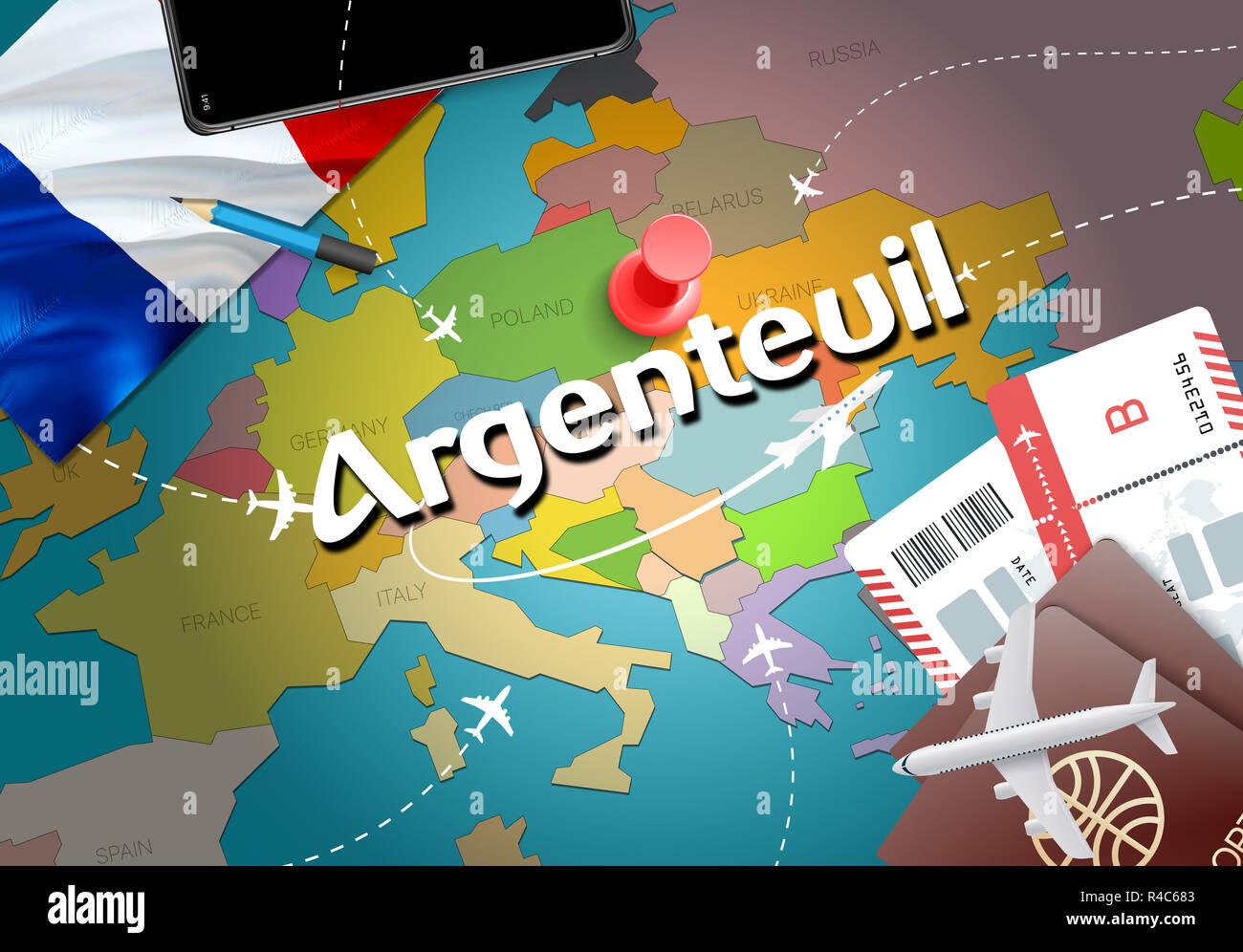 Argenteuil Stadt Reisen und Tourismus Ziel Konzept. Flagge Frankreich und Argenteuil Ort auf der Karte zeigen. France Travel Concept Map Hintergrund. Tickets Ebenen a Stockfoto